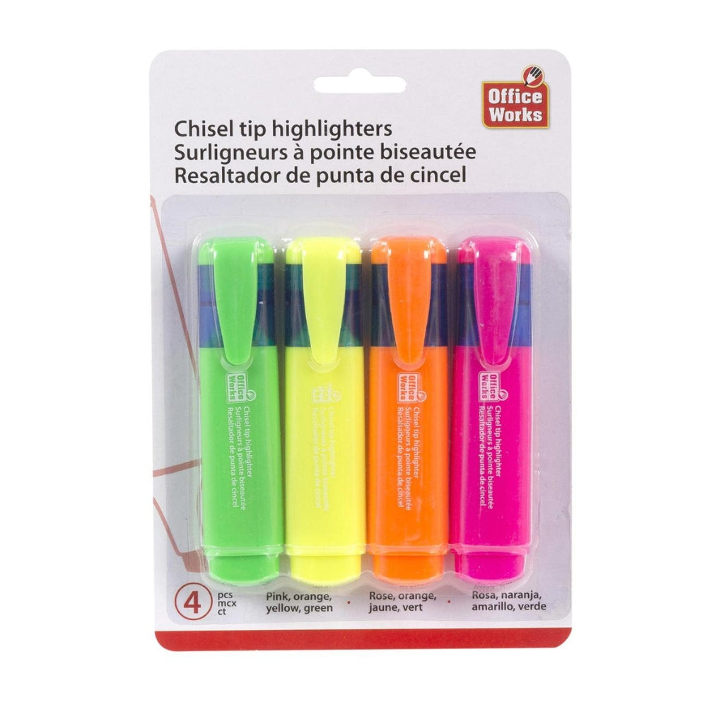 Office Works  Chisel Tip Highlighters 4 pc Y/G/P/O