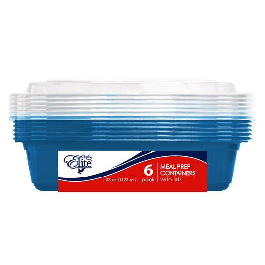 Meal Prep Container w/Lid 38 oz Rect Blue 6/pk 18c