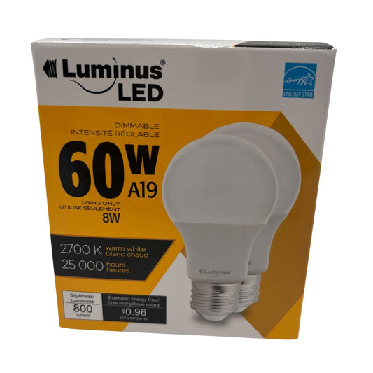 LED 8W A19 (60W) Dimmable 2700K Bulbs (2pk) 6pk/cs