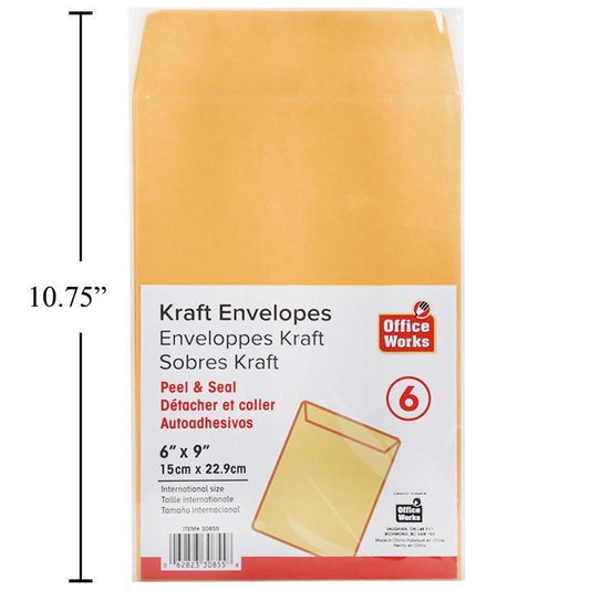 6 Pc 6"x9" Peel & Seal Kraft Envelopes