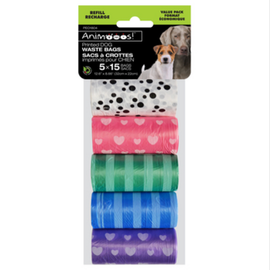 Printed Dog Waste Bags 5pk, 15 Bags/Roll, 32x22cm