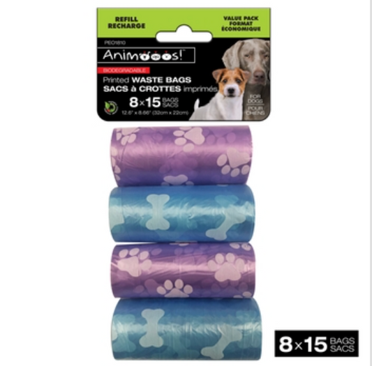 Printed Dog Waste Bags 8pk, 15 Bags/Roll, 32x22cm