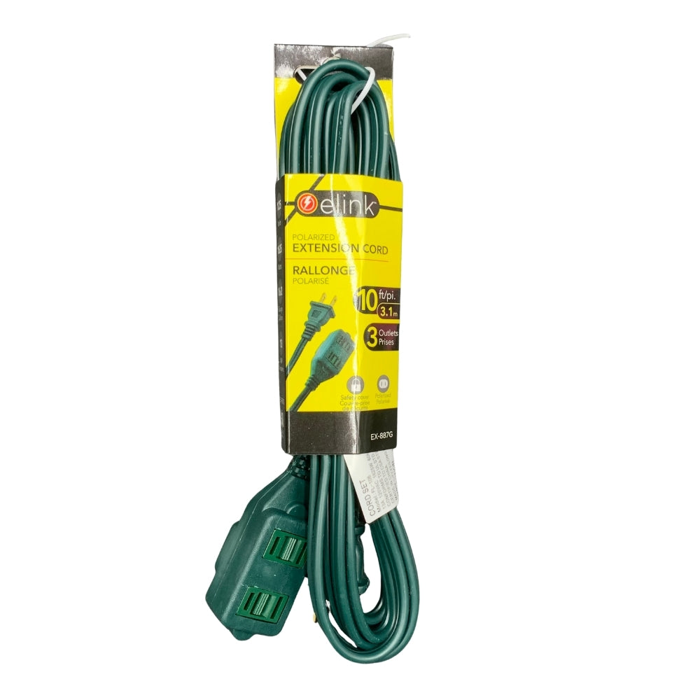 Elink| 10 ft. 3-Outlet Indoor Extension Cord Green