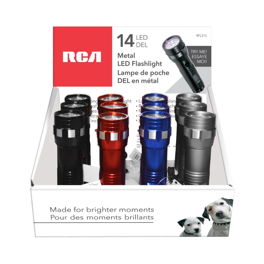 RCA | 14-LED Metal flashlight; 4 assorted colors