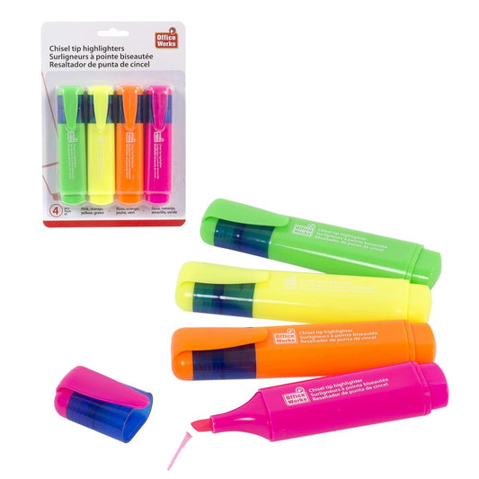 Office Works  Chisel Tip Highlighters 4 pc Y/G/P/O