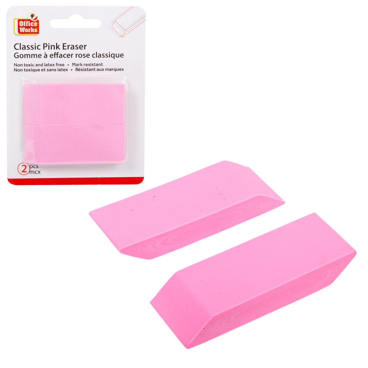 Office Works 2 pc Pink Eraser Non Toxic & Latex Fr