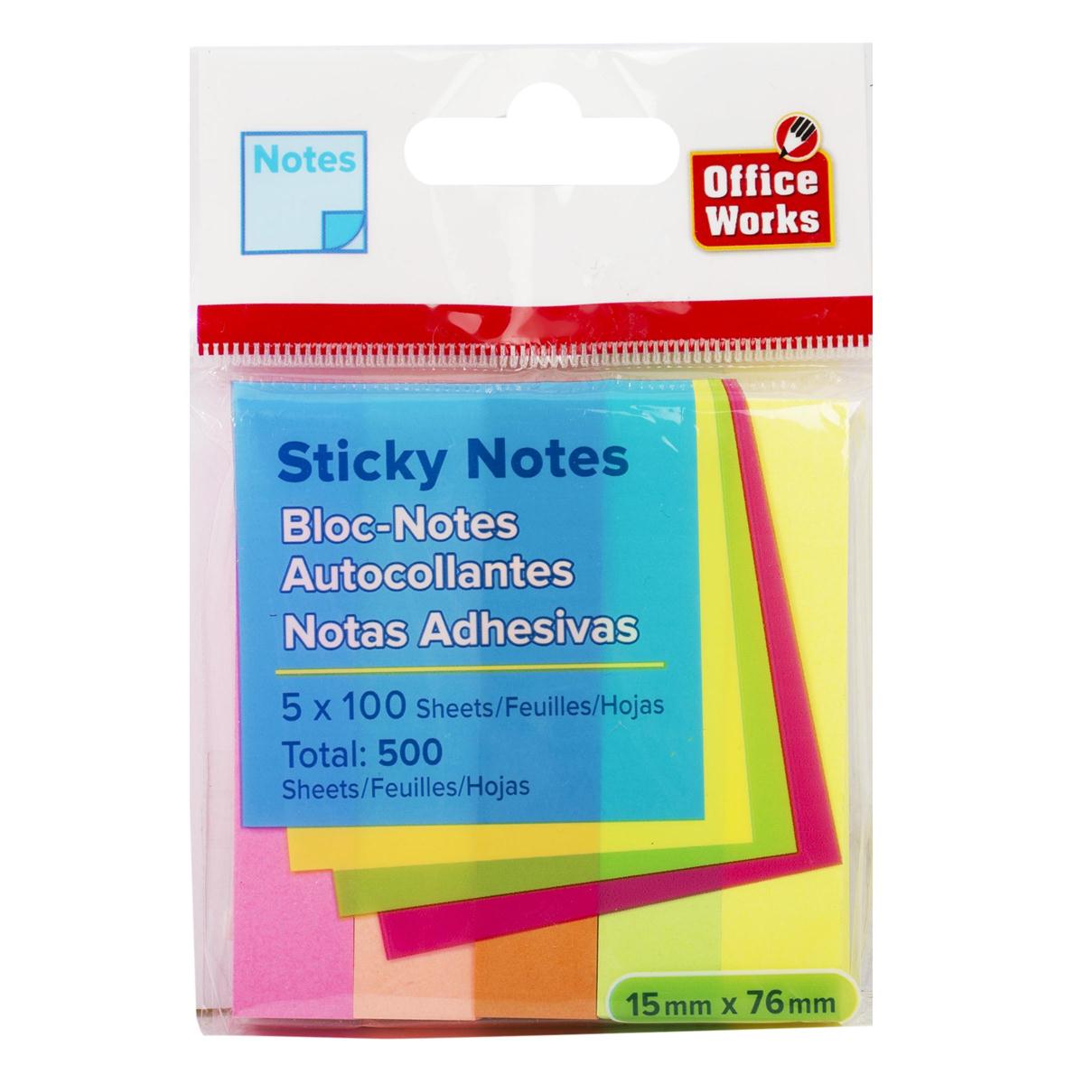 O.WKs 100 sh Sticky Notes 5 pk 76x 15 mm Neon Colo