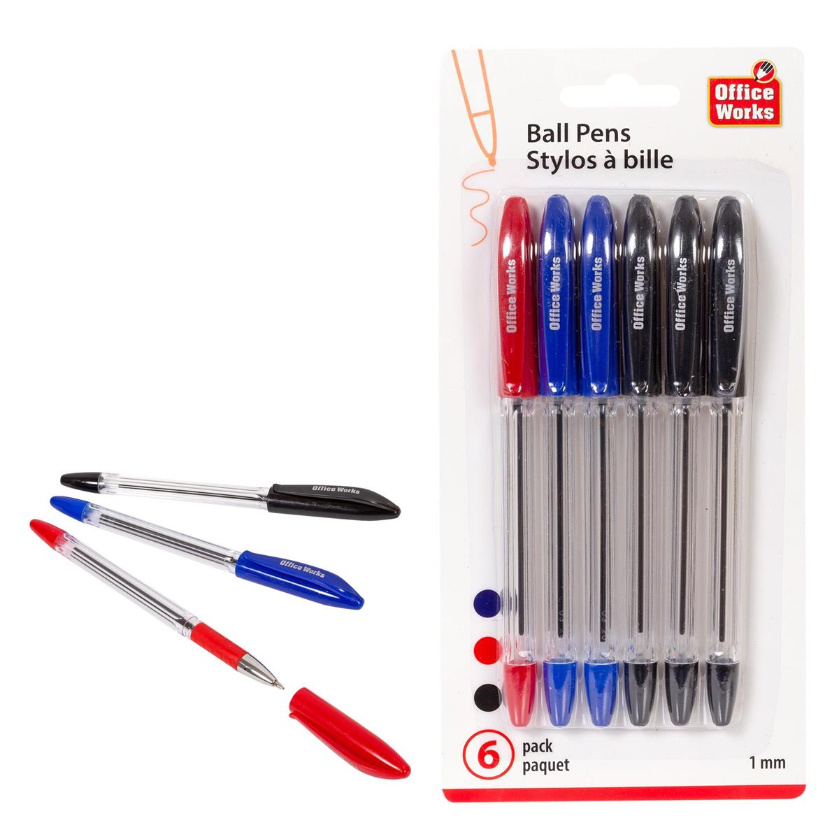 Office Works 6 pc Ball Pens 1 Red 2 Blue 3 Black