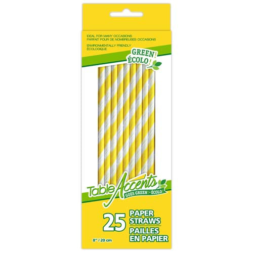 Eco-Friendly Paper Straws 8" Yellow & White 25/pk