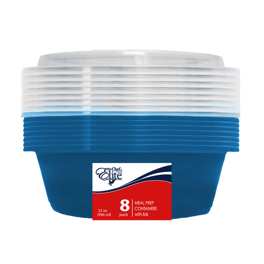 Meal Prep Container Round w/Lid Blue 32oz 8's