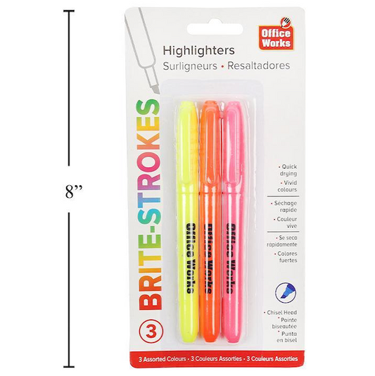 Office Works Brite Highlighters 3 pc Chisel Tip