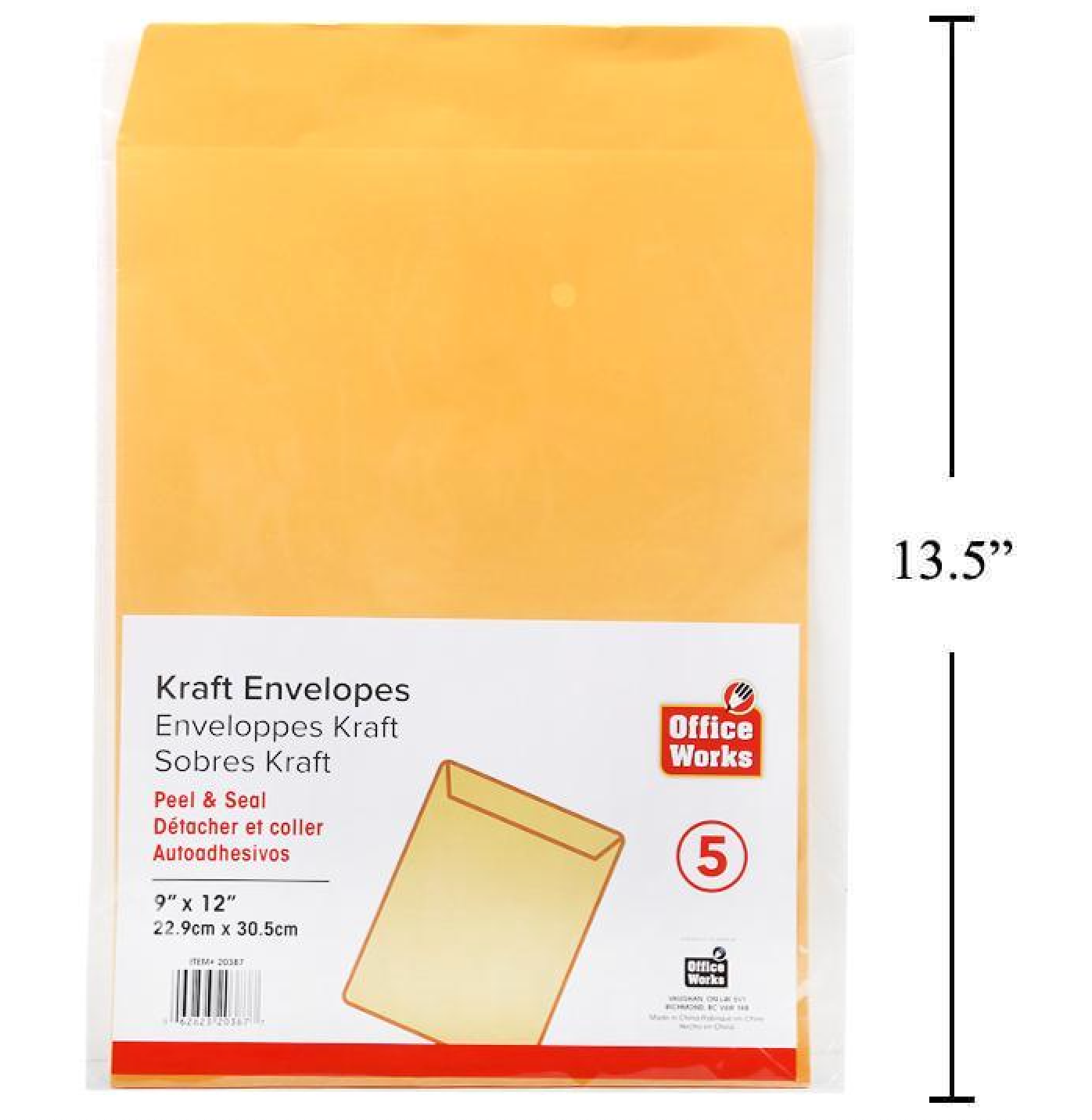 5 Pc 9"x12" Peel & Seal Kraft Envelope