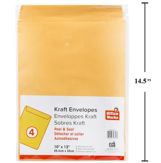 4 Pc 10"x13" Peel & Seal Kraft Envelope