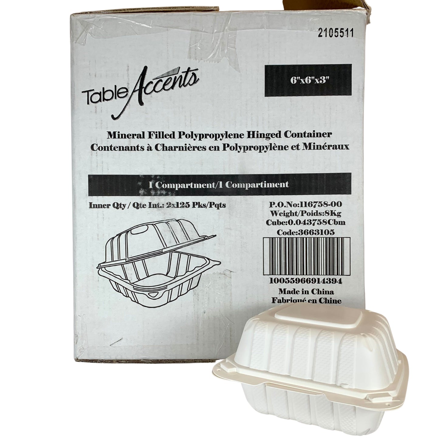 Compostable Hinged Container 6X6X3" 500/case